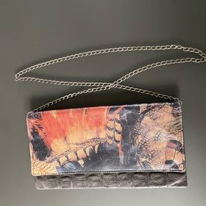 Grey Leather Clutch with Detachable Chain Crossbody